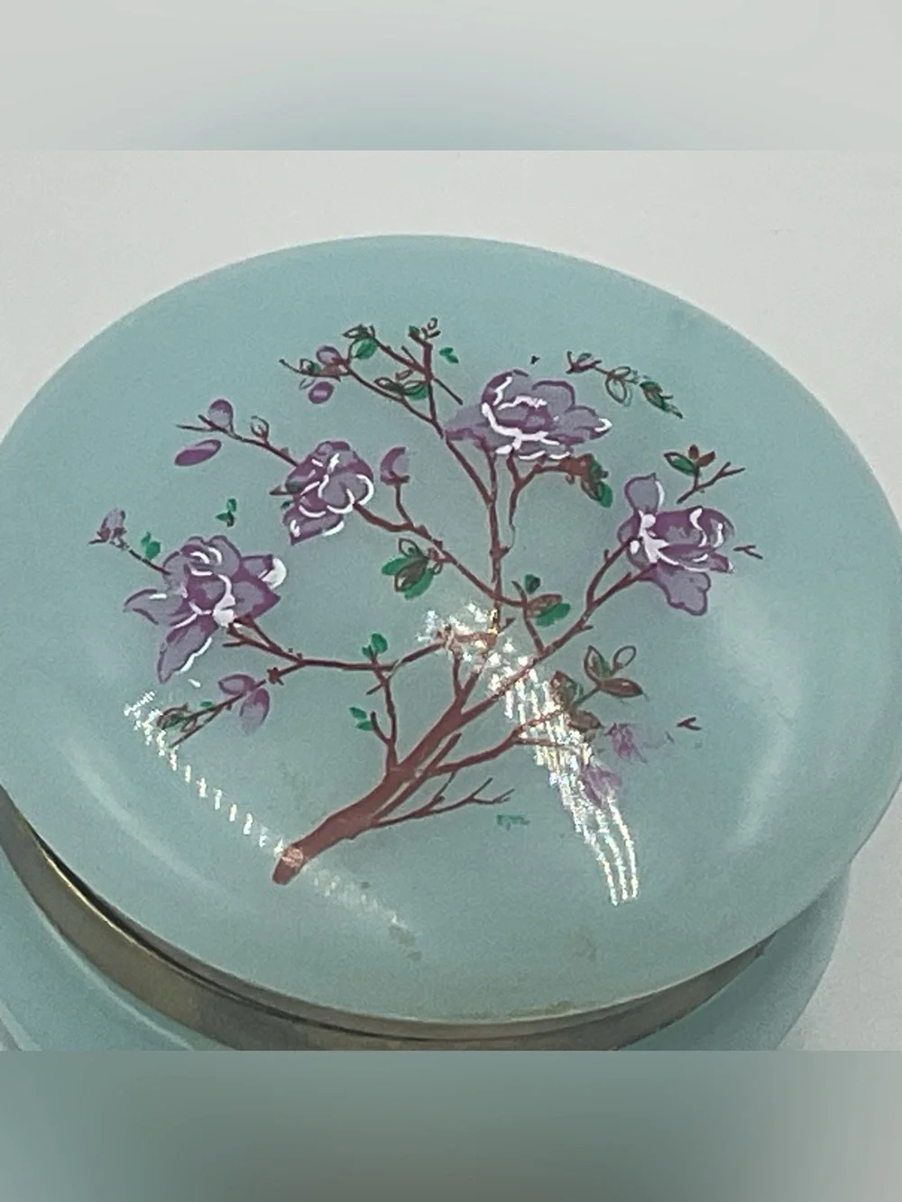 Vintage Hand Painted Hong Kong Floral Flower Dresser Vanity Jewelry Box Lid Blue